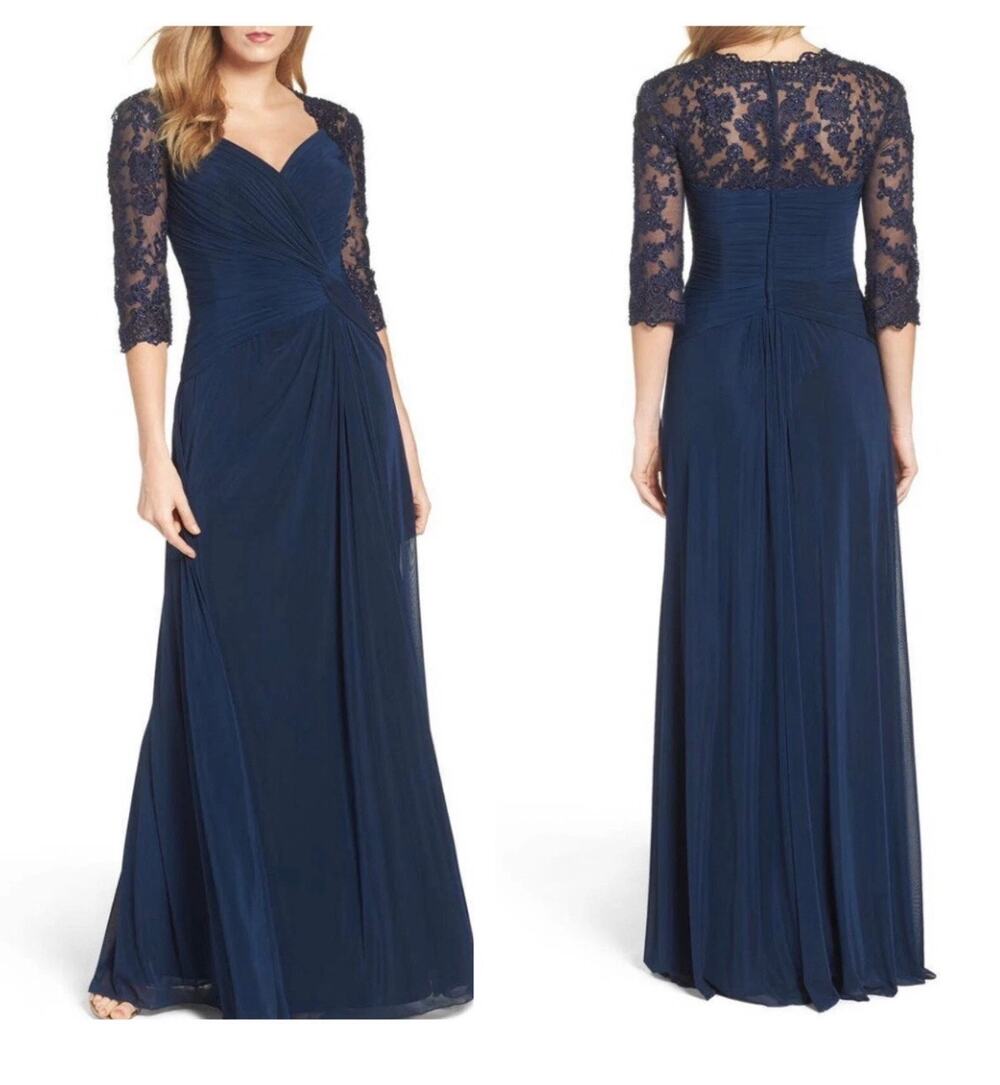 La Femme Navy Blue Ruched Twist Column Gown - Size 6 $598.00